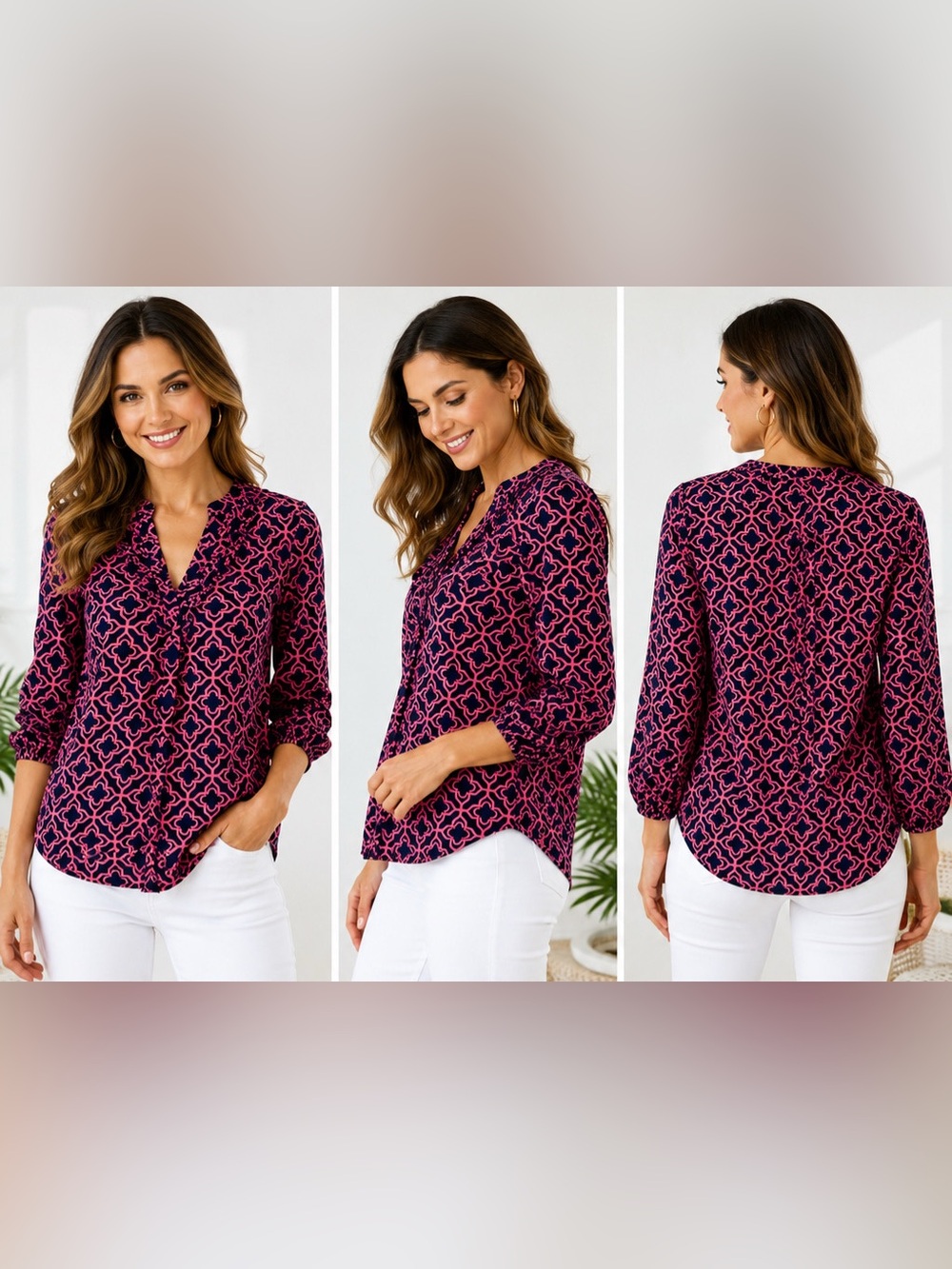 Escapada Living Pink Navy Geometric Medallion V-Neck Blouse Top Small
